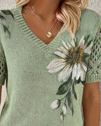 V-neck floral print knit blouse