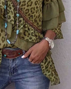 V-neck blouse with leopard print ruffle