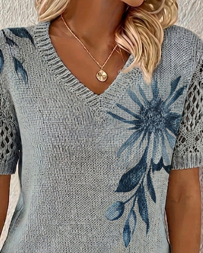 Blusa de punto con cuello en V y estampado floral