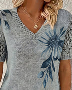V-neck floral print knit blouse
