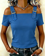 Blusa casual lisa con hombros descubiertos y hebilla deslizante