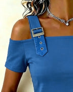 Solid off-the-shoulder casual blouse with slide buckle