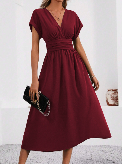 Raquel | Vestido Midi con Escote en V y Cintura Plisada