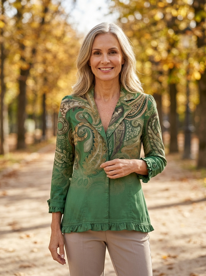 Virginia | Chaqueta verde con estampado de cachemir y volantes