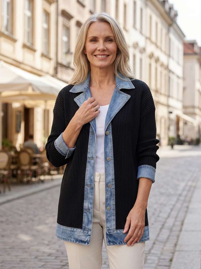 Marga | Chaqueta de punto acanalado con paneles de denim