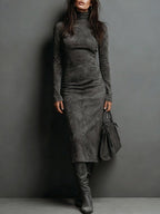 Serafina | Vestido Midi de Ante con Cuello Alto y Manga Larga