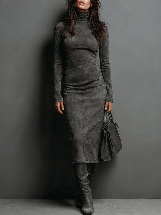 Serafina | Vestido Midi de Ante con Cuello Alto y Manga Larga