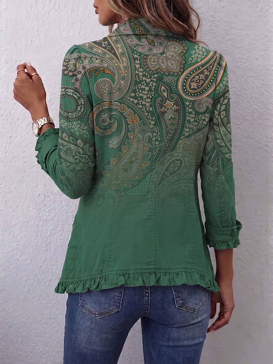 Virginia | Chaqueta verde con estampado de cachemir y volantes