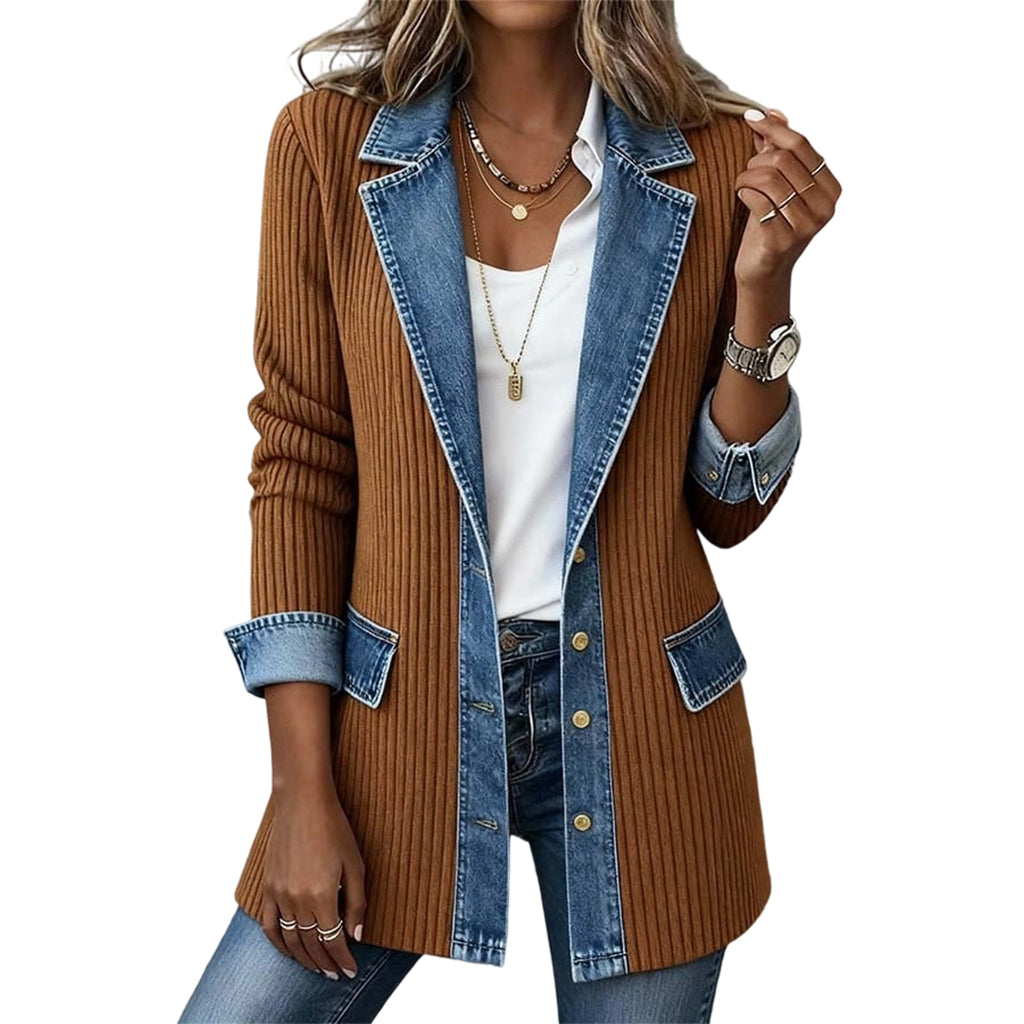 Chaqueta de punto acanalado con paneles de denim para mujer