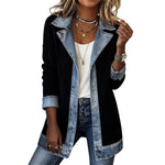 Chaqueta de punto acanalado con paneles de denim para mujer