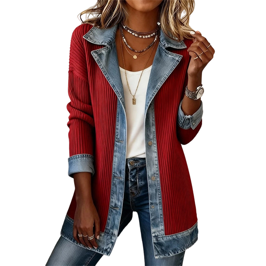 Chaqueta de punto acanalado con paneles de denim para mujer