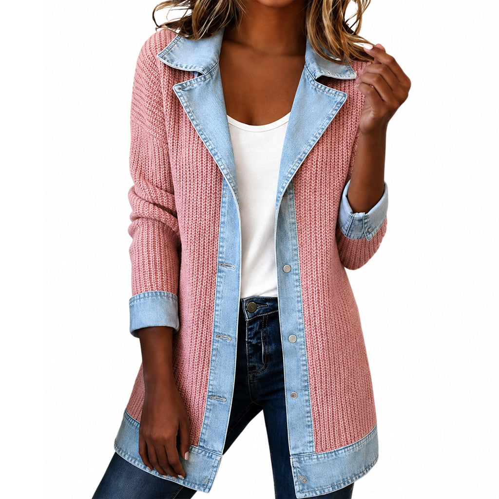 Chaqueta de punto acanalado con paneles de denim para mujer