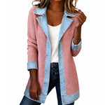 Chaqueta de punto acanalado con paneles de denim para mujer