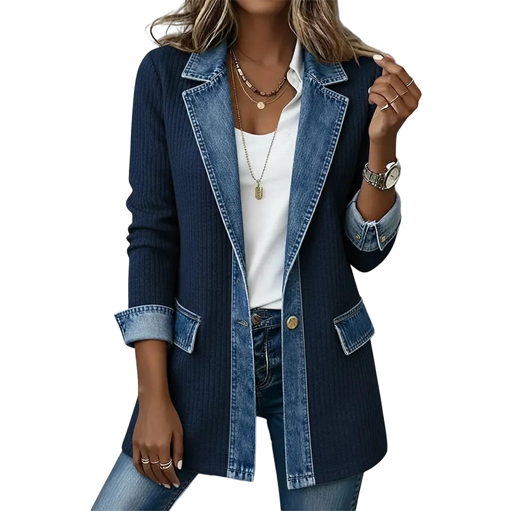 Chaqueta de punto acanalado con paneles de denim para mujer